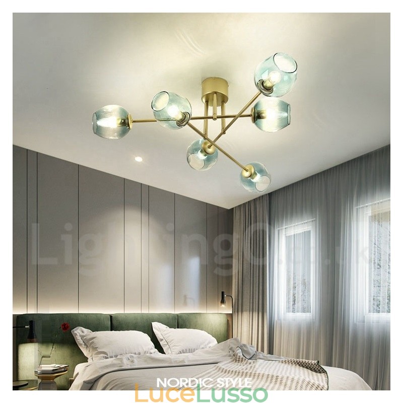 Lampadario rustico in acciaio inossidabile a 6 luci con paralumi in vetro trasparente o blu
