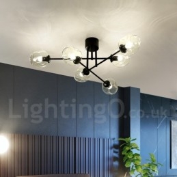 Lampadario rustico in acciaio inossidabile a 6 luci con paralumi in vetro trasparente o blu