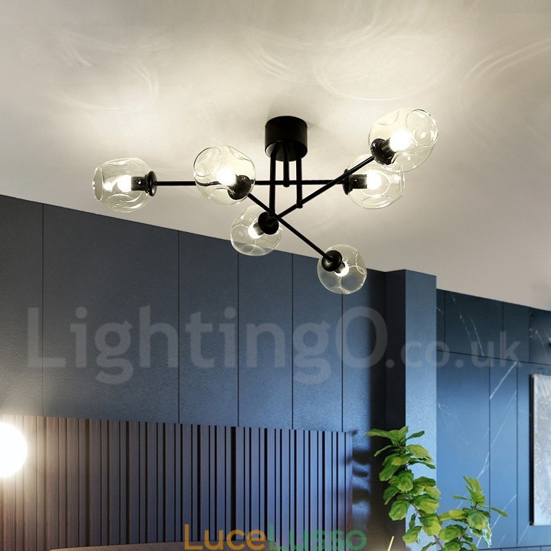 Lampadario rustico in acciaio inossidabile a 6 luci con paralumi in vetro trasparente o blu