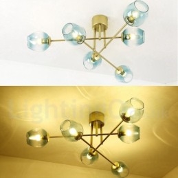 Lampadario rustico in acciaio inossidabile a 6 luci con paralumi in vetro trasparente o blu