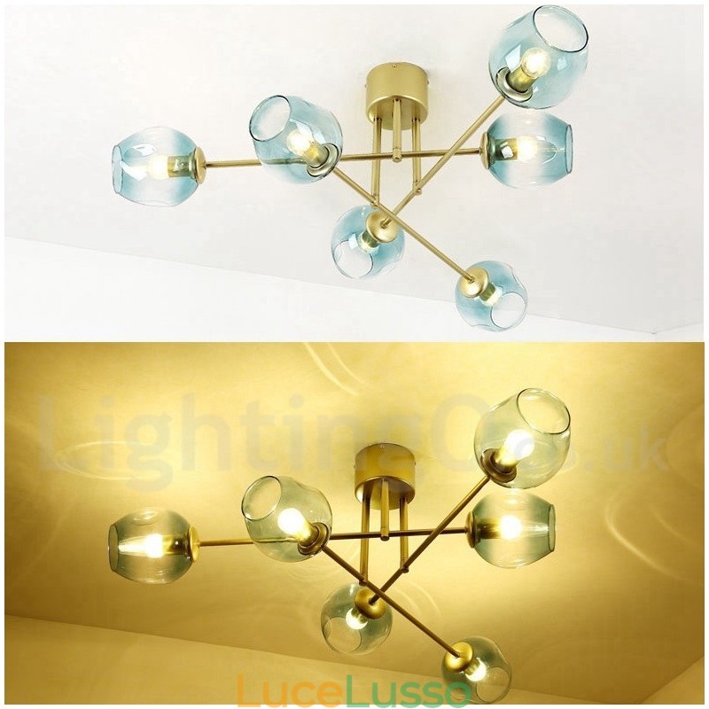 Lampadario rustico in acciaio inossidabile a 6 luci con paralumi in vetro trasparente o blu