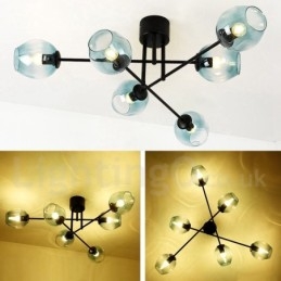 Lampadario rustico in acciaio inossidabile a 6 luci con paralumi in vetro trasparente o blu