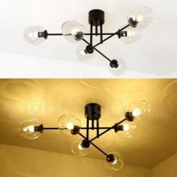 Lampadario rustico in acciaio inossidabile a 6 luci con paralumi in vetro trasparente o blu