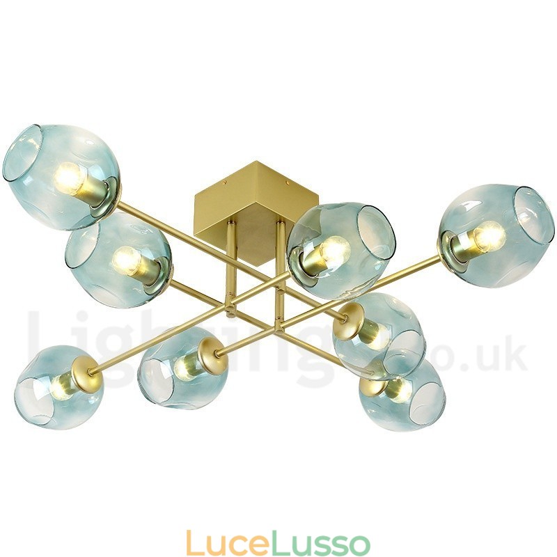 Lampadario rustico in acciaio inossidabile a 8 luci con paralumi in vetro trasparente o blu