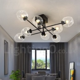 Lampadario rustico in acciaio inossidabile a 8 luci con paralumi in vetro trasparente o blu
