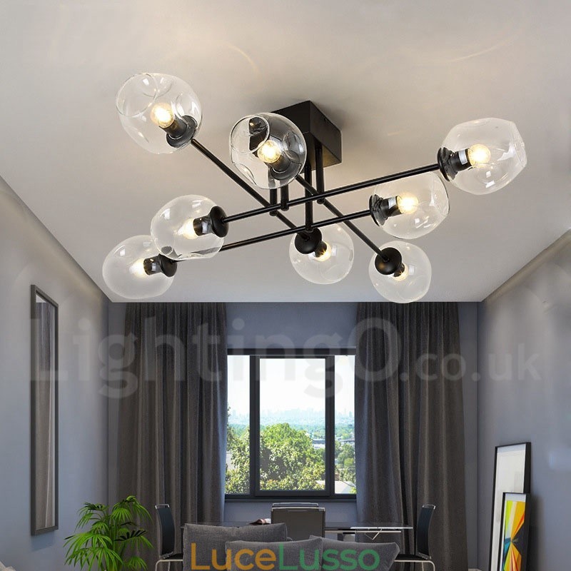 Lampadario rustico in acciaio inossidabile a 8 luci con paralumi in vetro trasparente o blu
