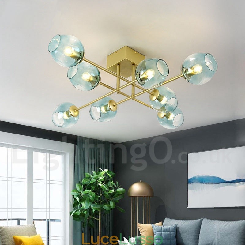 Lampadario rustico in acciaio inossidabile a 8 luci con paralumi in vetro trasparente o blu