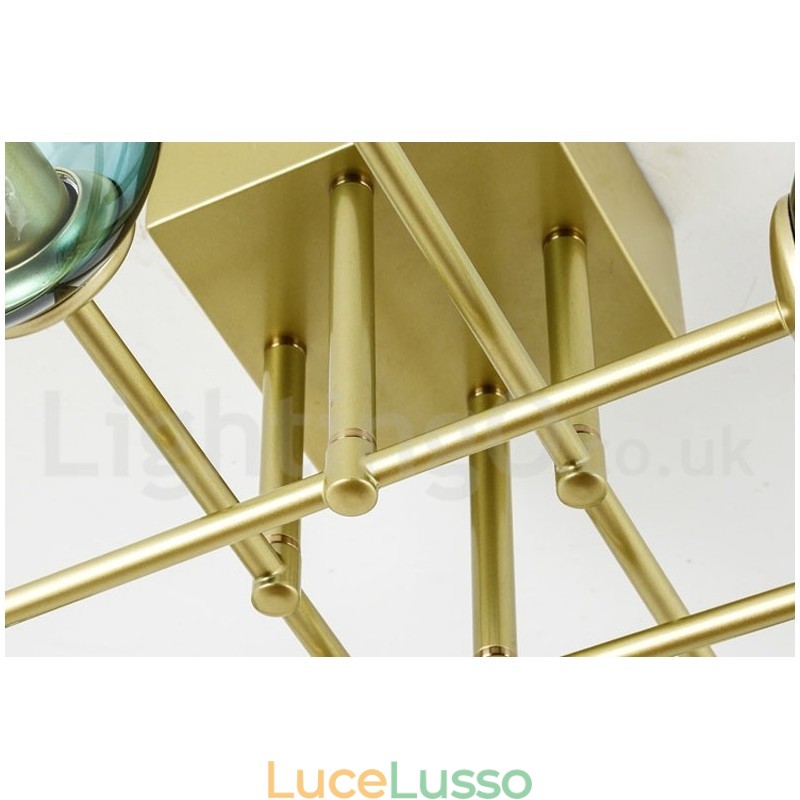 Lampadario rustico in acciaio inossidabile a 8 luci con paralumi in vetro trasparente o blu
