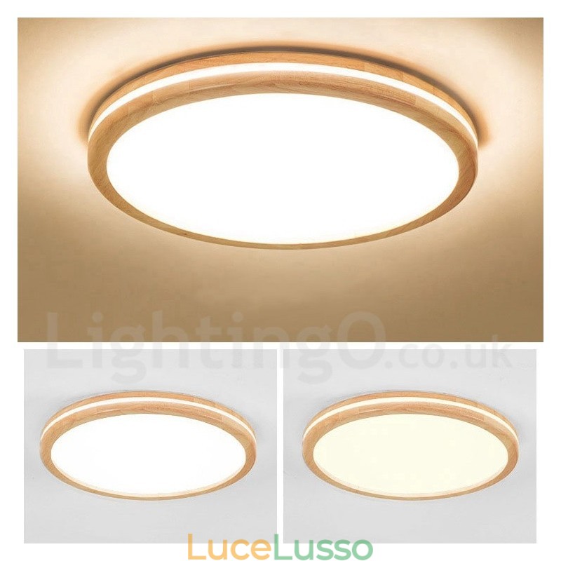 Lampada da soffitto in legno rotonda dimmerabile con lente, moderna, contemporanea, in stile nordico, con paralume in acrilico e telecomando, utilizzabile anche come applique