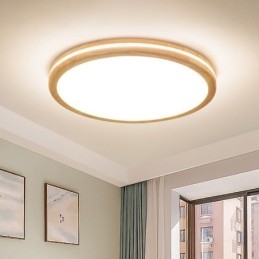 Lampada da soffitto in legno rotonda dimmerabile con lente, moderna, contemporanea, in stile nordico, con paralume in acrilico e telecomando, utilizzabile anche come applique