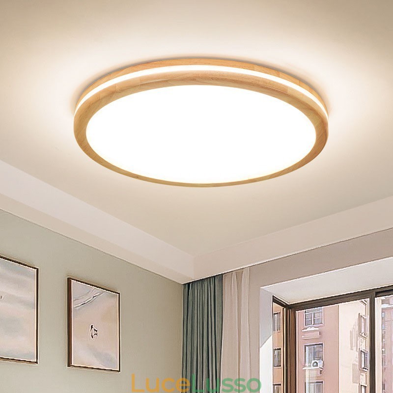 Lampada da soffitto in legno rotonda dimmerabile con lente, moderna, contemporanea, in stile nordico, con paralume in acrilico e telecomando, utilizzabile anche come applique