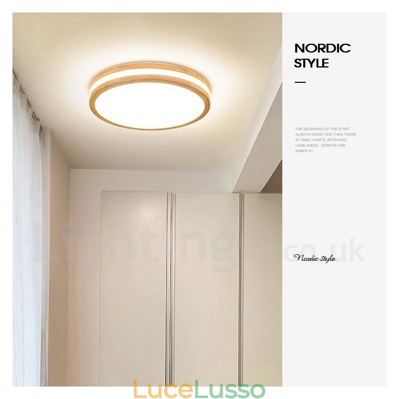 Lampada da soffitto in legno rotonda dimmerabile con lente, moderna, contemporanea, in stile nordico, con paralume in acrilico e telecomando, utilizzabile anche come applique