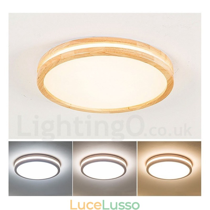 Lampada da soffitto in legno rotonda dimmerabile con lente, moderna, contemporanea, in stile nordico, con paralume in acrilico e telecomando, utilizzabile anche come applique