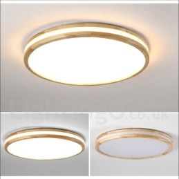 Lampada da soffitto in legno rotonda dimmerabile con lente, moderna, contemporanea, in stile nordico, con paralume in acrilico e telecomando, utilizzabile anche come applique