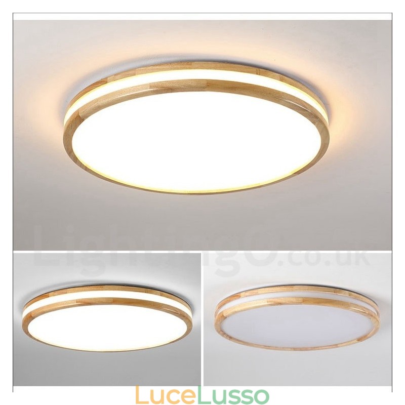 Lampada da soffitto in legno rotonda dimmerabile con lente, moderna, contemporanea, in stile nordico, con paralume in acrilico e telecomando, utilizzabile anche come applique