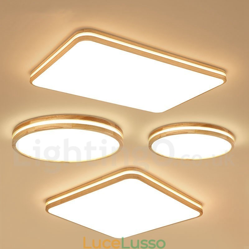 Lampada da soffitto in legno rotonda dimmerabile con lente, moderna, contemporanea, in stile nordico, con paralume in acrilico e telecomando, utilizzabile anche come applique