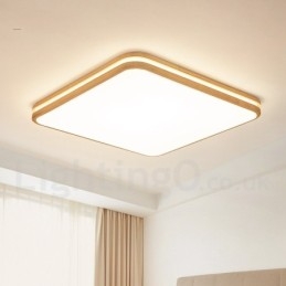 Lampada da soffitto in legno quadrata con lente, moderna, contemporanea, in stile nordico, con paralume in acrilico e telecomando, utilizzabile anche come applique