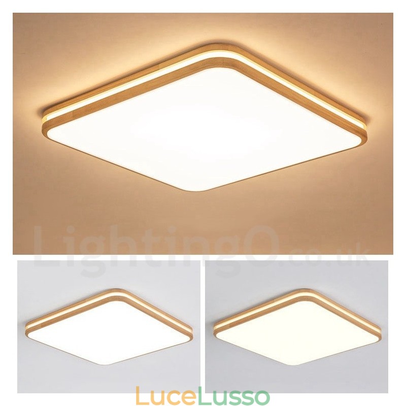 Lampada da soffitto in legno quadrata con lente, moderna, contemporanea, in stile nordico, con paralume in acrilico e telecomando, utilizzabile anche come applique
