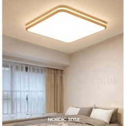 Lampada da soffitto in legno quadrata con lente, moderna, contemporanea, in stile nordico, con paralume in acrilico e telecomando, utilizzabile anche come applique