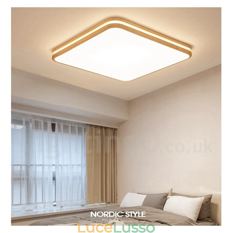 Lampada da soffitto in legno quadrata con lente, moderna, contemporanea, in stile nordico, con paralume in acrilico e telecomando, utilizzabile anche come applique