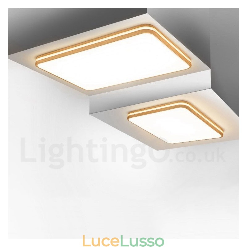 Lampada da soffitto in legno quadrata con lente, moderna, contemporanea, in stile nordico, con paralume in acrilico e telecomando, utilizzabile anche come applique