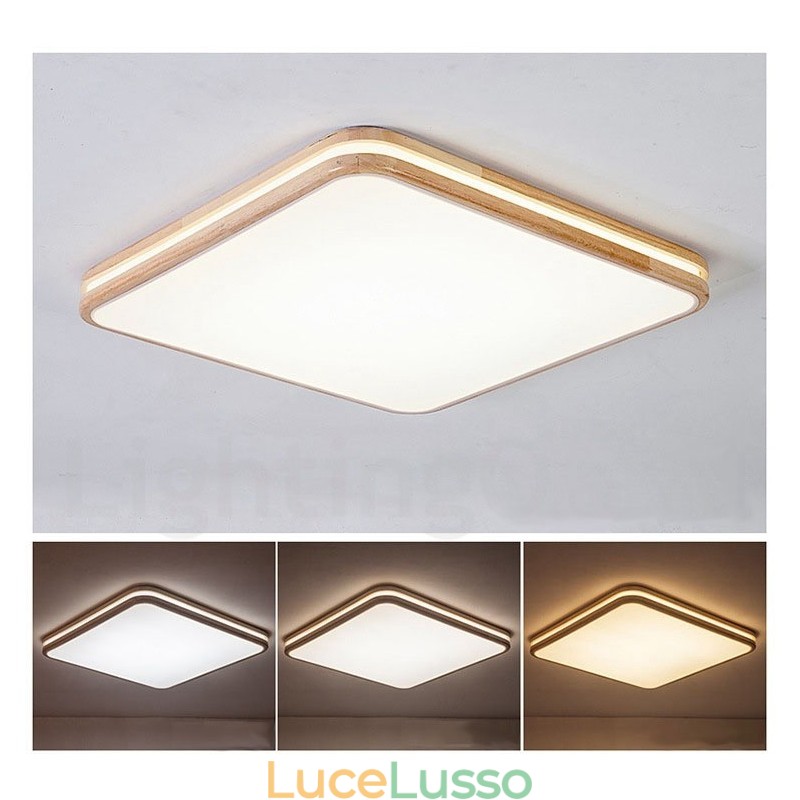 Lampada da soffitto in legno quadrata con lente, moderna, contemporanea, in stile nordico, con paralume in acrilico e telecomando, utilizzabile anche come applique