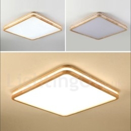 Lampada da soffitto in legno quadrata con lente, moderna, contemporanea, in stile nordico, con paralume in acrilico e telecomando, utilizzabile anche come applique