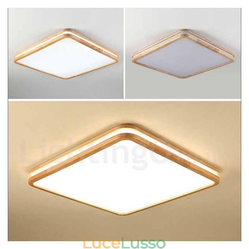 Lampada da soffitto in legno quadrata con lente, moderna, contemporanea, in stile nordico, con paralume in acrilico e telecomando, utilizzabile anche come applique