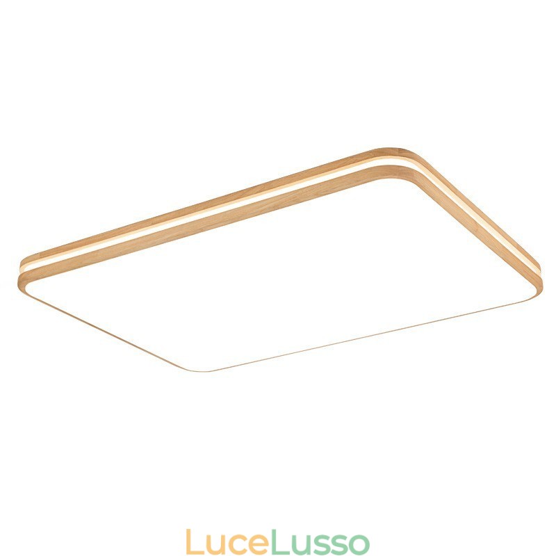 Lampada da soffitto in legno rettangolare dimmerabile con lente, moderna, contemporanea, in stile nordico, con paralume in acrilico e telecomando, utilizzabile anche come applique