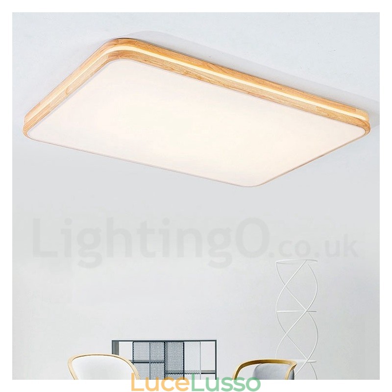 Lampada da soffitto in legno rettangolare dimmerabile con lente, moderna, contemporanea, in stile nordico, con paralume in acrilico e telecomando, utilizzabile anche come applique
