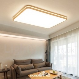 Lampada da soffitto in legno rettangolare dimmerabile con lente, moderna, contemporanea, in stile nordico, con paralume in acrilico e telecomando, utilizzabile anche come applique