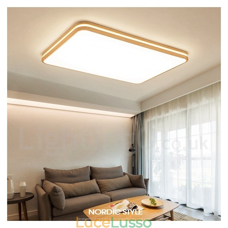 Lampada da soffitto in legno rettangolare dimmerabile con lente, moderna, contemporanea, in stile nordico, con paralume in acrilico e telecomando, utilizzabile anche come applique