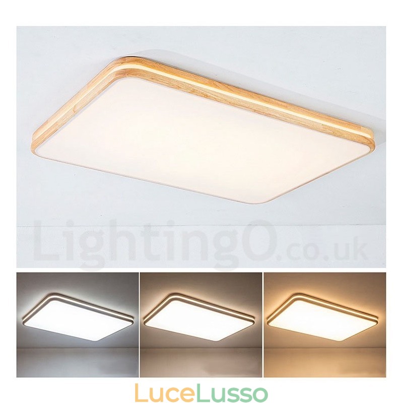 Lampada da soffitto in legno rettangolare dimmerabile con lente, moderna, contemporanea, in stile nordico, con paralume in acrilico e telecomando, utilizzabile anche come applique