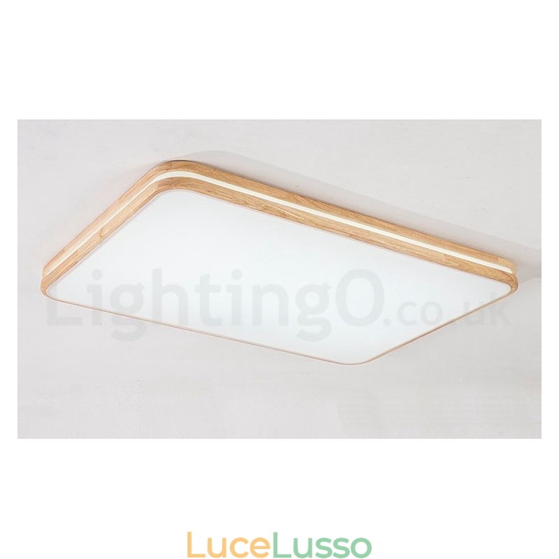 Lampada da soffitto in legno rettangolare dimmerabile con lente, moderna, contemporanea, in stile nordico, con paralume in acrilico e telecomando, utilizzabile anche come applique