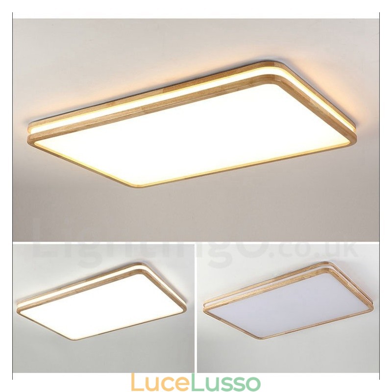 Lampada da soffitto in legno rettangolare dimmerabile con lente, moderna, contemporanea, in stile nordico, con paralume in acrilico e telecomando, utilizzabile anche come applique