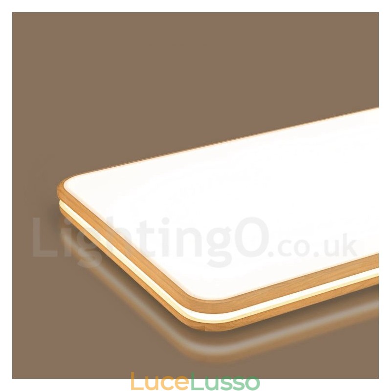 Lampada da soffitto in legno rettangolare dimmerabile con lente, moderna, contemporanea, in stile nordico, con paralume in acrilico e telecomando, utilizzabile anche come applique