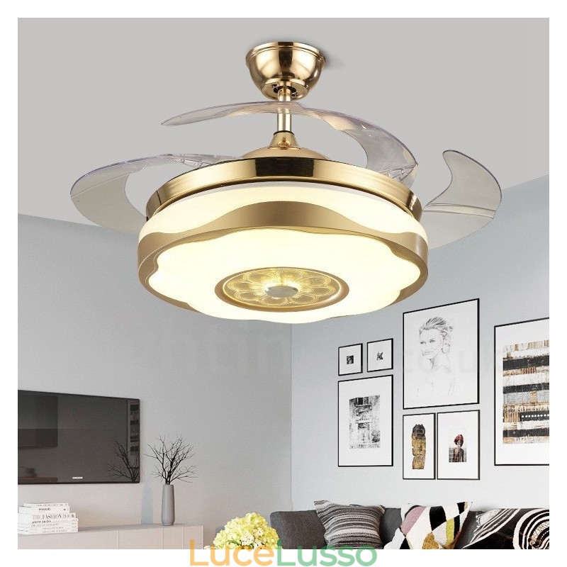 Ventilatore da soffitto moderno e contemporaneo da 108 cm (42"), con telecomando, colore oro, con paralume in acrilico, motore in rame puro muto