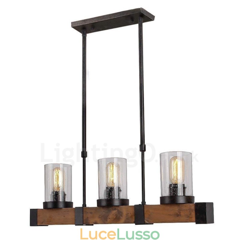 Lampadario in legno vintage a 3 luci, stile industriale, stile loft, in legno, lineare, a sospensione