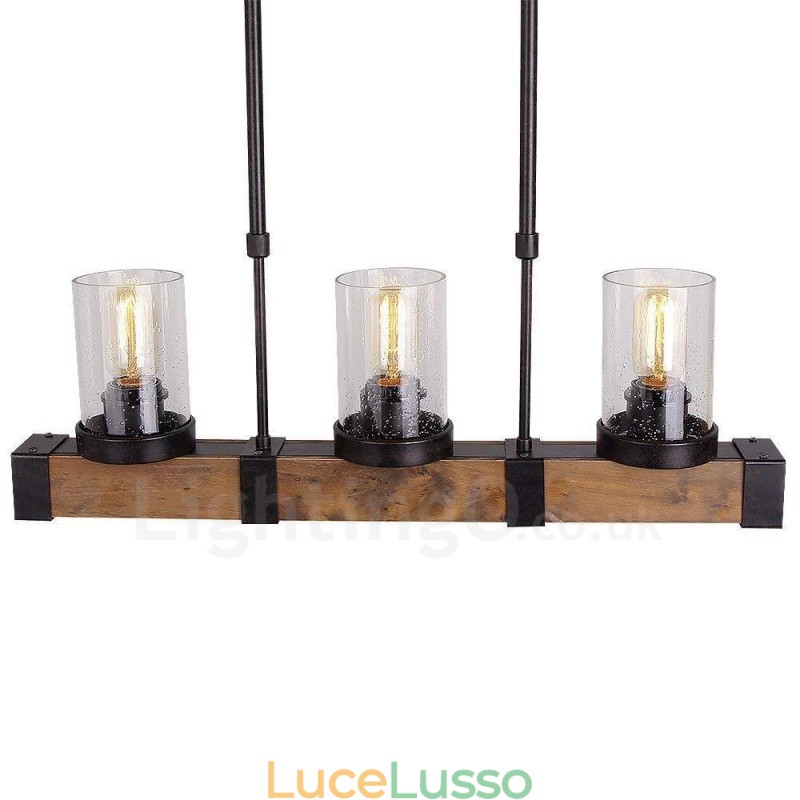 Lampadario in legno vintage a 3 luci, stile industriale, stile loft, in legno, lineare, a sospensione