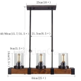 Lampadario in legno vintage a 3 luci, stile industriale, stile loft, in legno, lineare, a sospensione