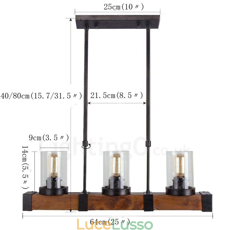 Lampadario in legno vintage a 3 luci, stile industriale, stile loft, in legno, lineare, a sospensione