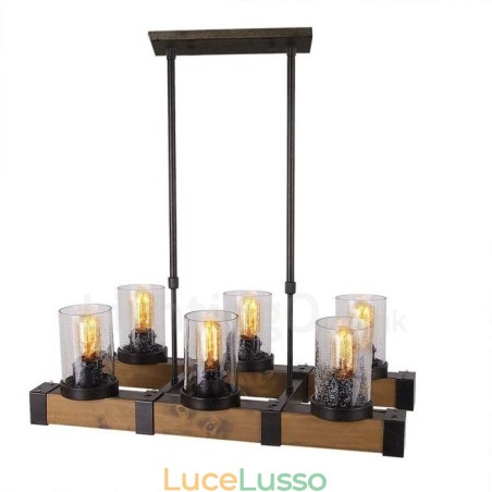 Lampadario in legno vintage a 6 luci, stile industriale, stile loft, in legno, lineare, a sospensione Lampadario in legno vintage a 6 luci, stile industriale, stile loft, in legno, lineare, a sospensione