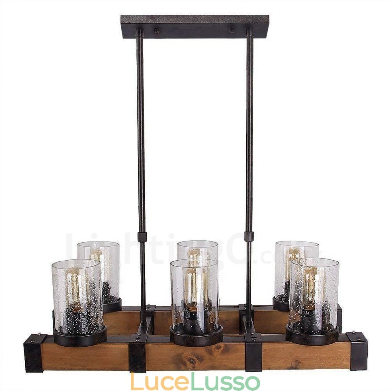 Lampadario in legno vintage a 6 luci, stile industriale, stile loft, in legno, lineare, a sospensione