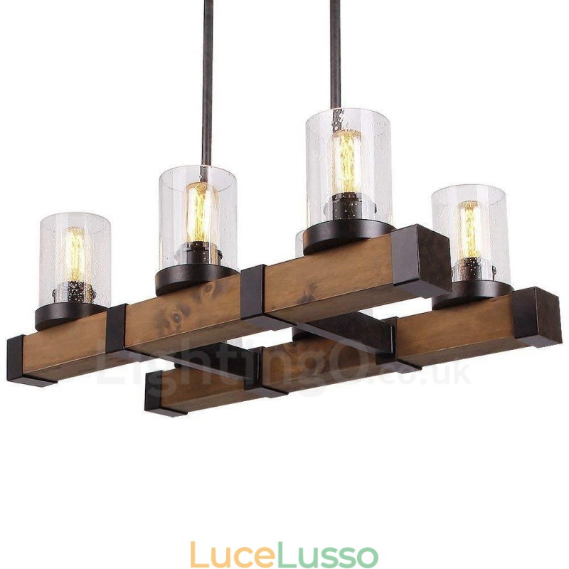 Lampadario in legno vintage a 6 luci, stile industriale, stile loft, in legno, lineare, a sospensione