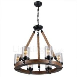 Lampadario in legno vintage a 6 luci, stile industriale, a sospensione lineare in legno, stile loft