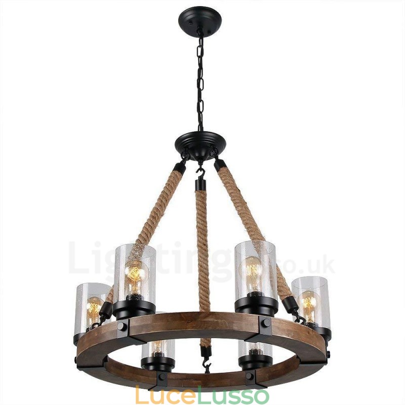 Lampadario in legno vintage a 6 luci, stile industriale, a sospensione lineare in legno, stile loft