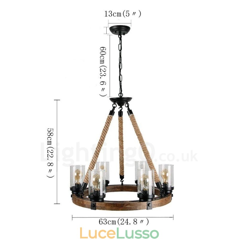 Lampadario in legno vintage a 6 luci, stile industriale, a sospensione lineare in legno, stile loft