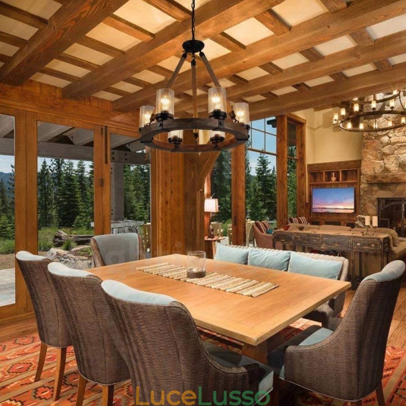 Lampadario in legno vintage a 6 luci, stile industriale, a sospensione lineare in legno, stile loft