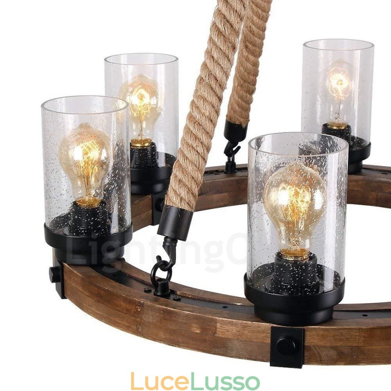 Lampadario in legno vintage a 6 luci, stile industriale, a sospensione lineare in legno, stile loft