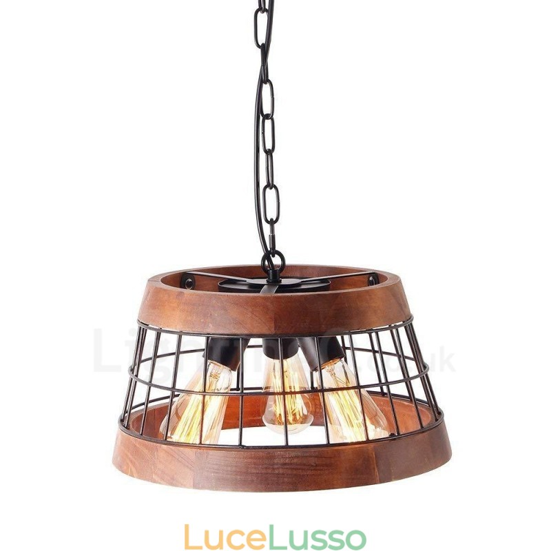 Lampadario in legno vintage a 3 luci, stile industriale, a sospensione lineare in legno, stile loft